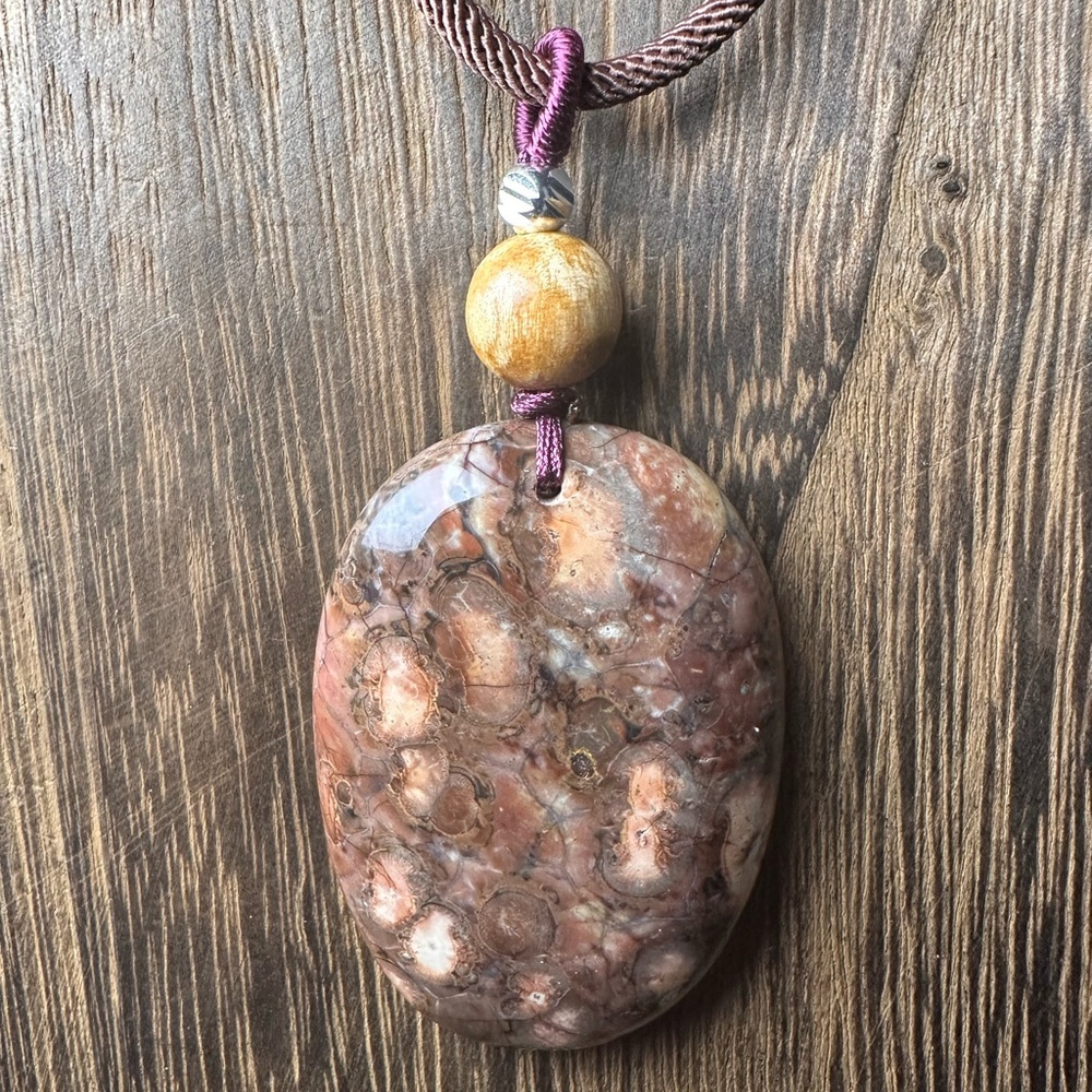 Ocean Jasper Pendant Necklace, Palo Santo Bead on Brown Rope - Picture 2 of 11